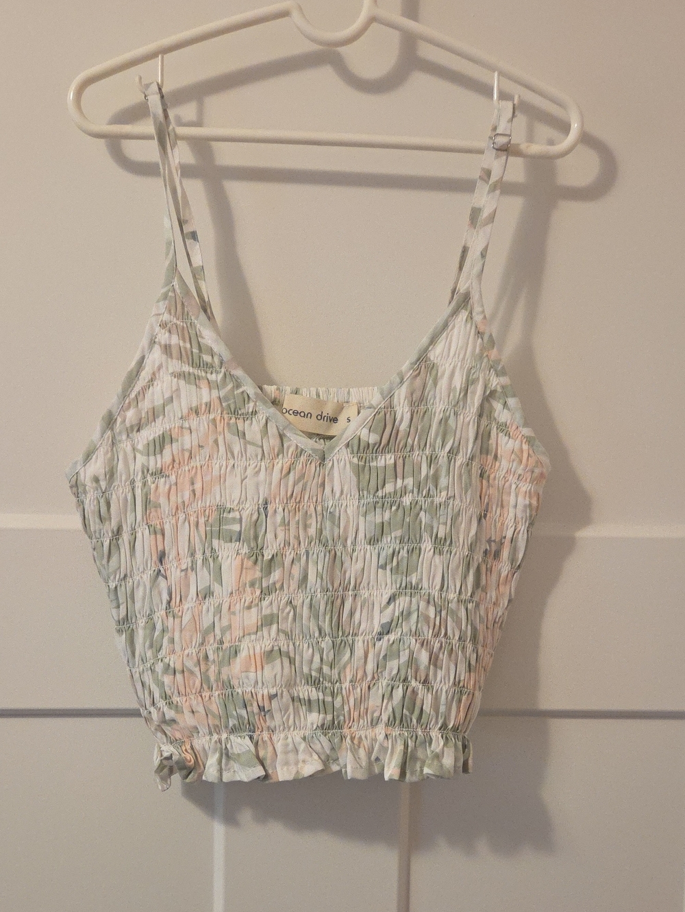 Ocean Drive Pastel Green & Peach Smocked Spaghetti Strap Top